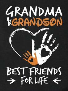 Camiseta de manga corta con estampado de corazón y letras GRANDMA & GRANDSON BEST FRIENDS FOR LIFE, camiseta gráfica para mujer para el verano - Negro - Ver 3