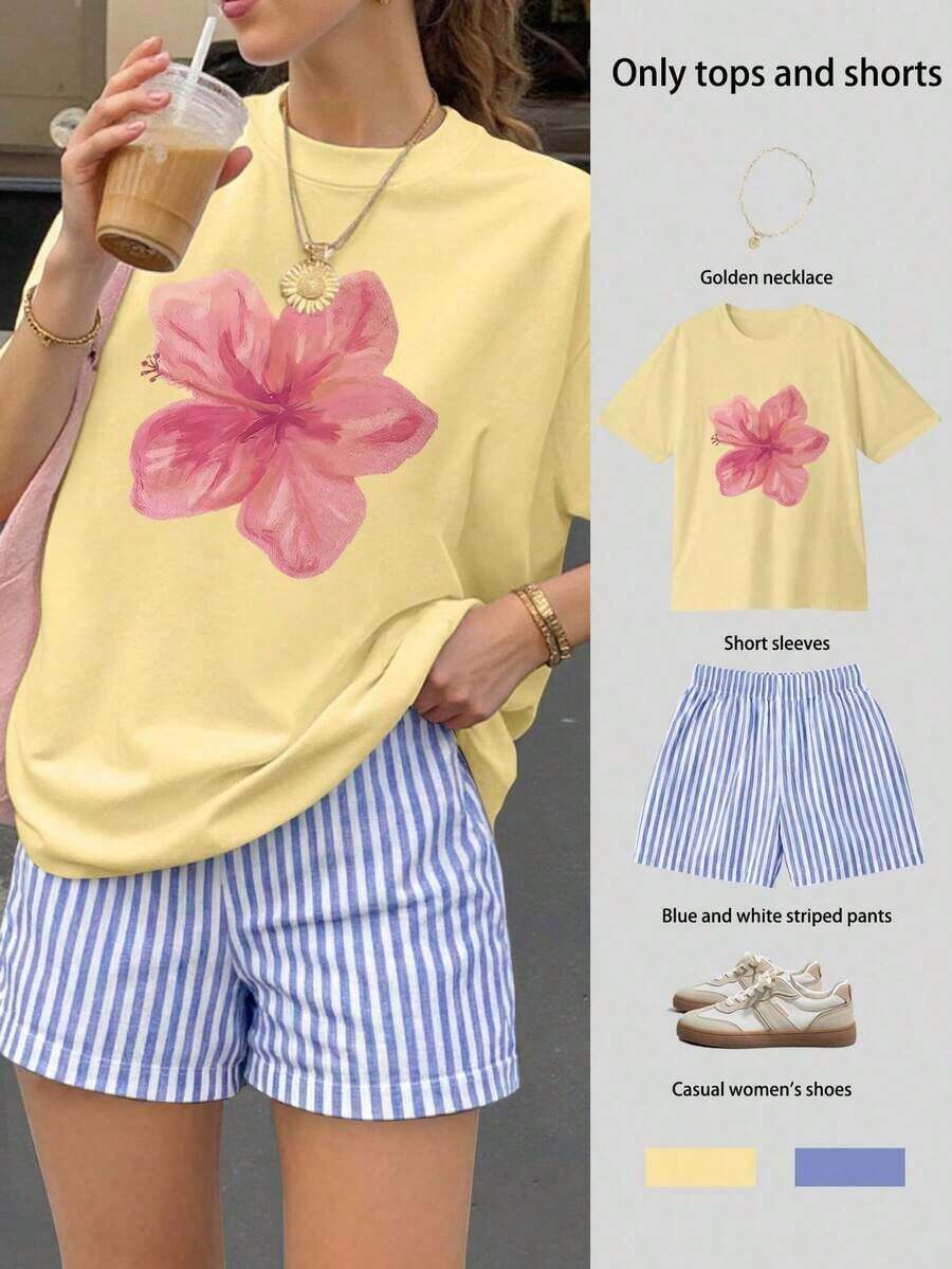 Conjunto de top de manga corta holgado con estampado floral y shorts a rayas para mujer, conjunto informal de verano de 2 piezas para mujer, traje de mujer, conjunto de verano para mujer, ropa de vacaciones, atuendo de viaje, estilo de playa, ropa de vacaciones minimalista - Amarillo 2 - Ver 1