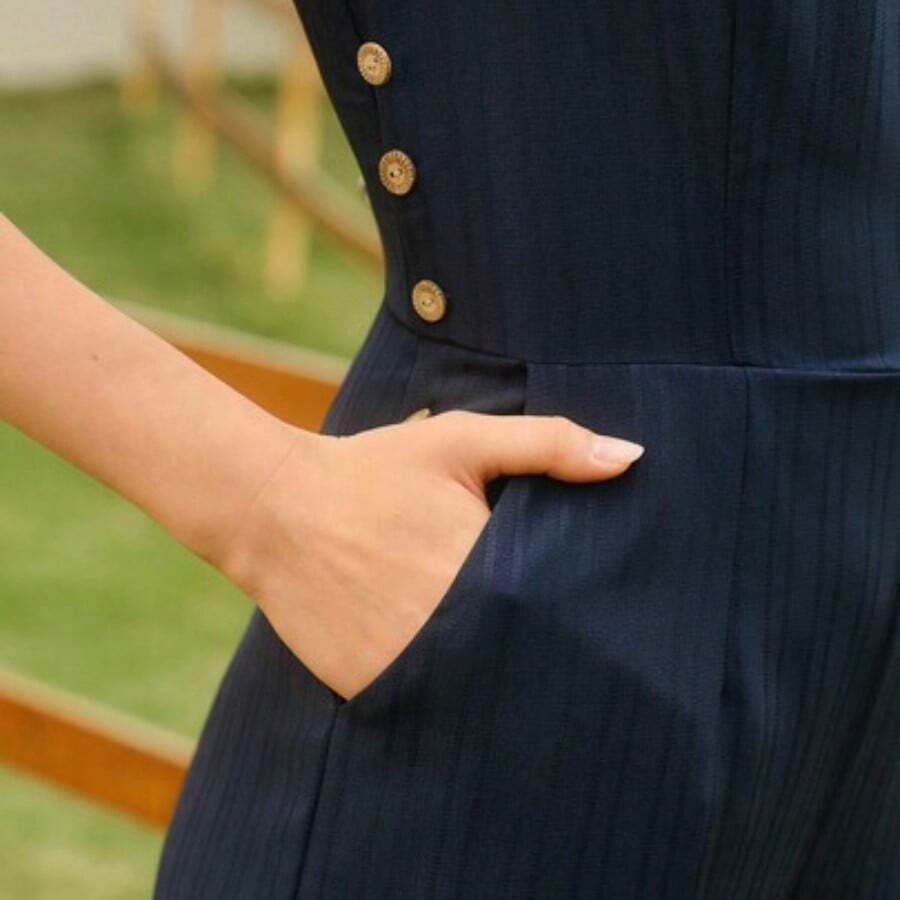 DECDS Vintage Elegant Ladies Sleeveless Square Neck Button Decor Casual Jumpsuit With Pockets Vacation Jumpsuit Island Vacation Outfits Summer Outfits For Women Summer For Women Mother's Day Outfit Vacation Outfits Woman Jumpsuits Country Concert Outfit Birthday Outfits For Women Pants Women Festival Outfits For Women Women Brunch Outfits - Azul Marino - Ver 1