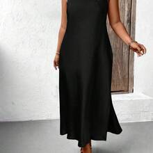 Flouryn Plus Size Casual Solid Color Sleeveless Side Slit Dress Maxi Satin Women Outfit - Caqui - Ver 6
