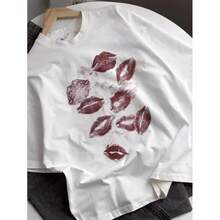 Nueva camiseta de algodón estampada de diseño chic y exclusivo para mujer, de cuello redondo, holgada y versátil, estilo casual y a la moda. - Blanco - Ver 3