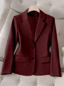 Elegant Women's Tailored Blazer, Plain 2-Button Jacket, Beautiful Summer Long Sleeve. - 酒紅色 - 查看 1