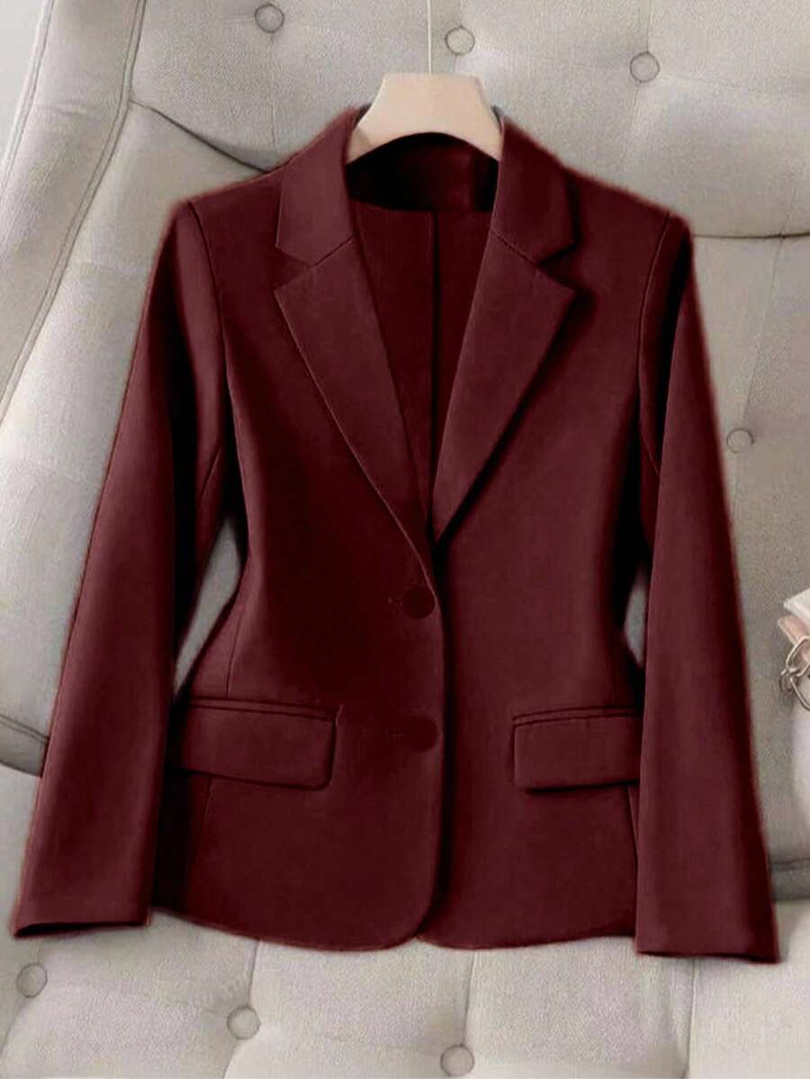 Elegant Women's Tailored Blazer, Plain 2-Button Jacket, Beautiful Summer Long Sleeve. - 酒紅色 - 查看 1