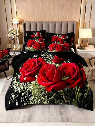 3Pcs Romantic Red Rose Floral Print Duvet Cover Set ,Pillow Cover Pattern Is Random ,Duvet Cover Set (1 Duvet Cover + 2 Pillowcase Without Pillow Insert), Bedding Set, Soft Warm And Cozy Bedding Set For Bedroom, Guest Room, Dormitory Decoration Soft Skin-Friendly