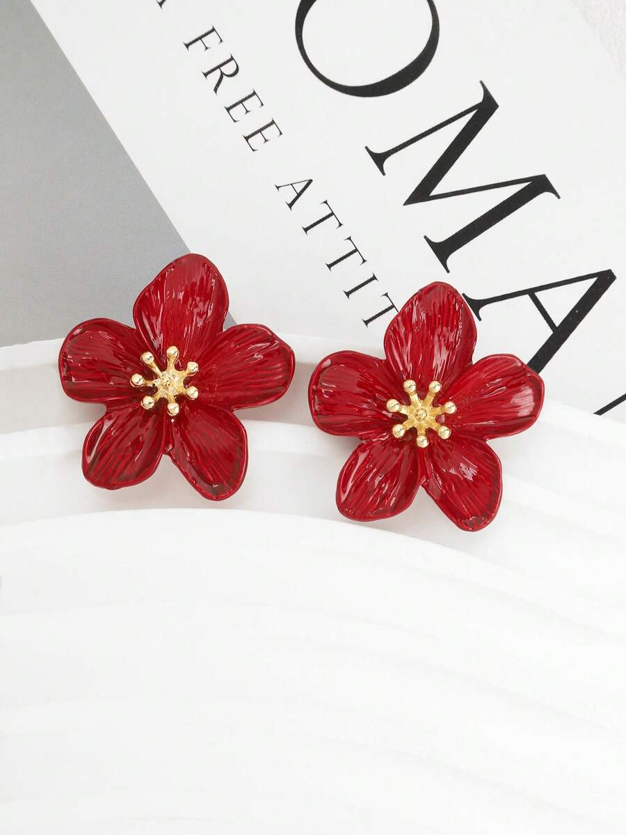 1 Pair Minimalist Elegant Retro Versatile Luxury Creative Fresh Floral Earrings - Red - View 1