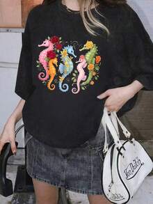 Women's T-Shirt, Soft And Breathable Fabric, Floral And Seahorse Print, Suitable For Everyday Casual Wear, Soft Knit Fabric, Machine Washable, Standard Size - Unisex Cotton T-Shirt With Short Sleeves And Round Neck, Urban Vintage Style. - 黑色 - 查看 2