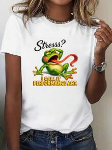 A Women's Short-Sleeved Printed T-Shirt With An Artistic Crew Neck That Reads: "Pressure? I Call It Performance Art." Featuring An Eccentric Frog Print, This Casual Sporty Tee Is A Fun Addition To Your Wardrobe. It's A Comfortable Summer Staple. - 白色 - 查看 1