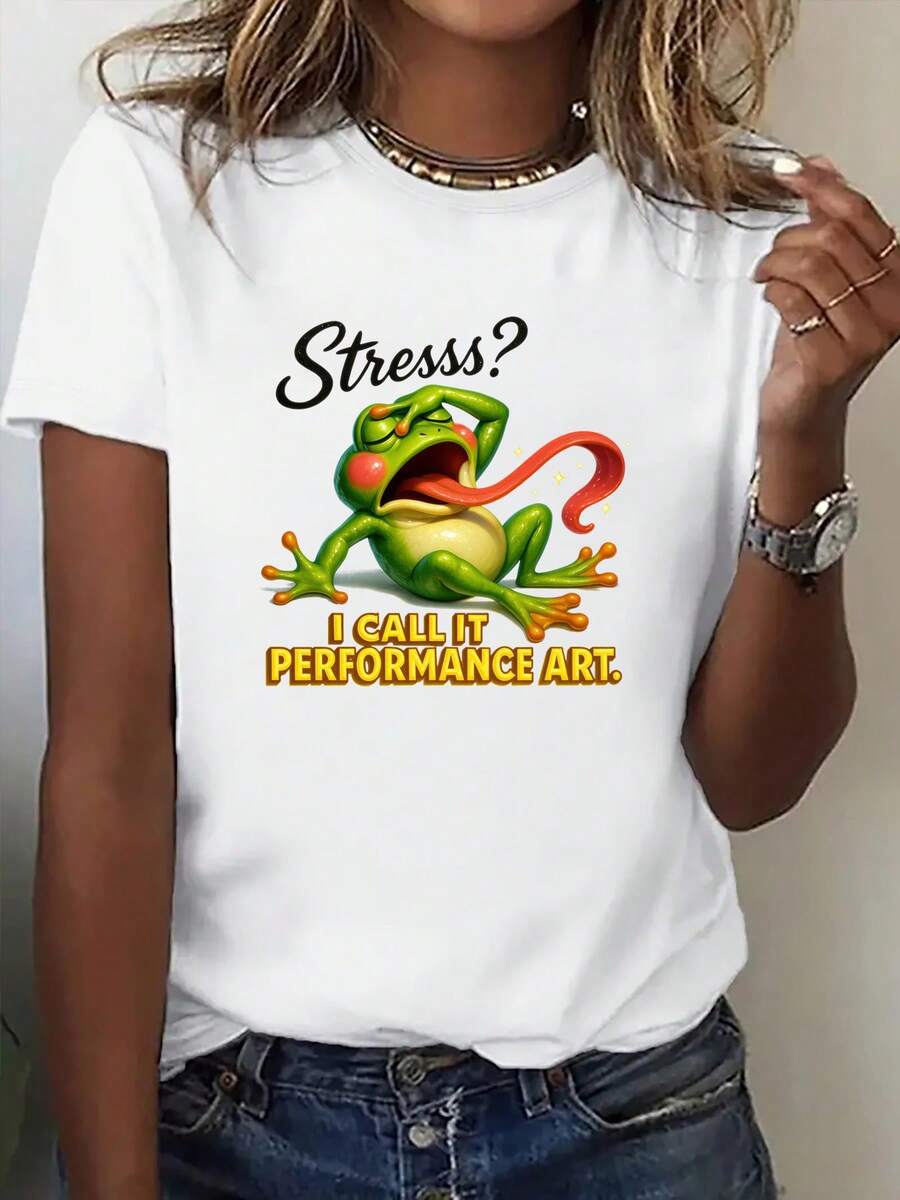 A Women's Short-Sleeved Printed T-Shirt With An Artistic Crew Neck That Reads: "Pressure? I Call It Performance Art." Featuring An Eccentric Frog Print, This Casual Sporty Tee Is A Fun Addition To Your Wardrobe. It's A Comfortable Summer Staple. - 白色 - 查看 1
