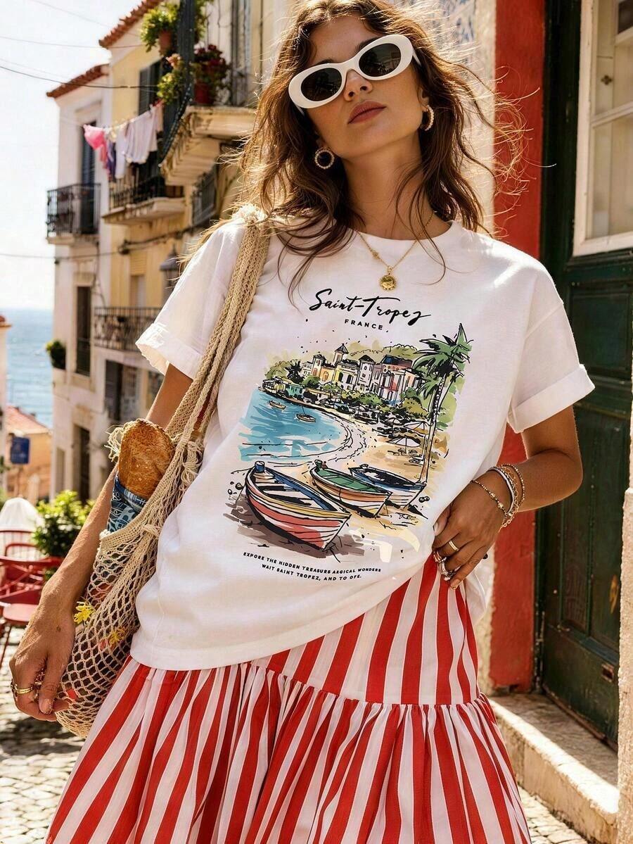 Camiseta gráfica para mujer, camiseta de manga corta de estilo casual y urbano, top de verano lindo camisetas para mujer - Estilo III - Ver 1
