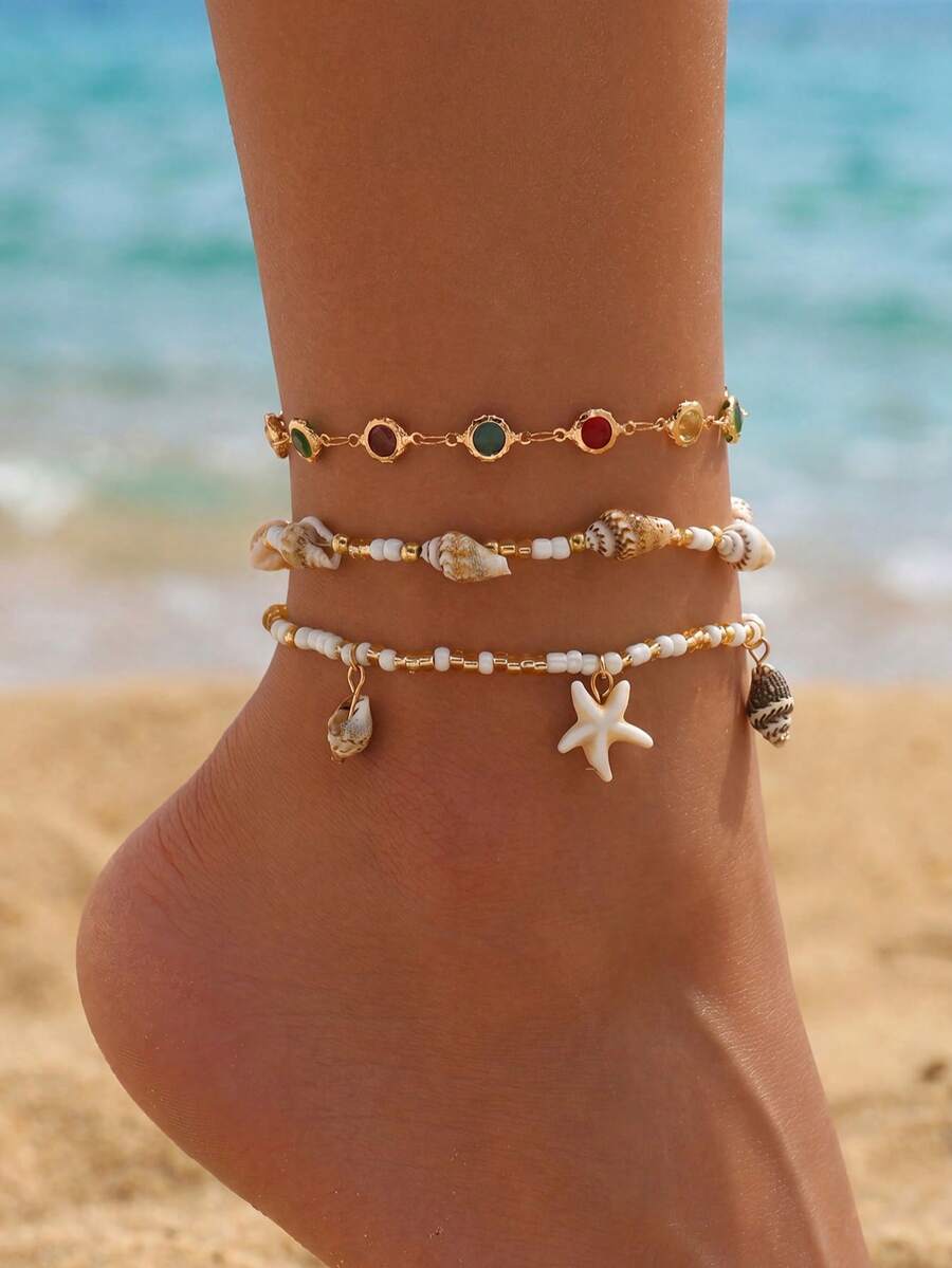 3pcs/Set Fashionable Multi-Layer Gold Tone Anklet, Colorful Crystal Beaded Anklet Suitable For Beach Party, Daily Wear, Vacation, Handmade Adjustable Length - Multicolor - View 1