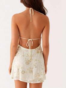 2026 Spring/Summer New European And American Elegant Women's Dress Series Orange Embroidered Halter Dress, Sleeveless Bodycon Party Dress Club & Evening KI6V - 杏色 - 查看 7