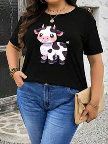 Camisetas Gráficas Tallas Grandes - Camiseta Casual Estampada para Mujer Tallas Grandes - Bonita Camiseta con Estampado de Vaca en Blanco y Negro, Camiseta de Cuello Redondo Cómoda y Ajustada para Uso Diario, Adecuada para Conjuntos de Primavera y Verano, Camiseta con Estampado de Vaca, Ropa de Verano, Diseño Animado, Camiseta de Corte Holgado, Moda de Primavera, Material Transpirable, Camiseta de Manga Corta, 100% Algodón para Entusiastas de la Moda - Negro - Ver 5