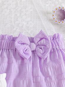 Set de 4 piezas de pantalones cortos tipo bombacho con decoración de moño 3D en unicolor para niñas bebés, adecuado para salidas diarias en verano - Multicolor - Ver 6