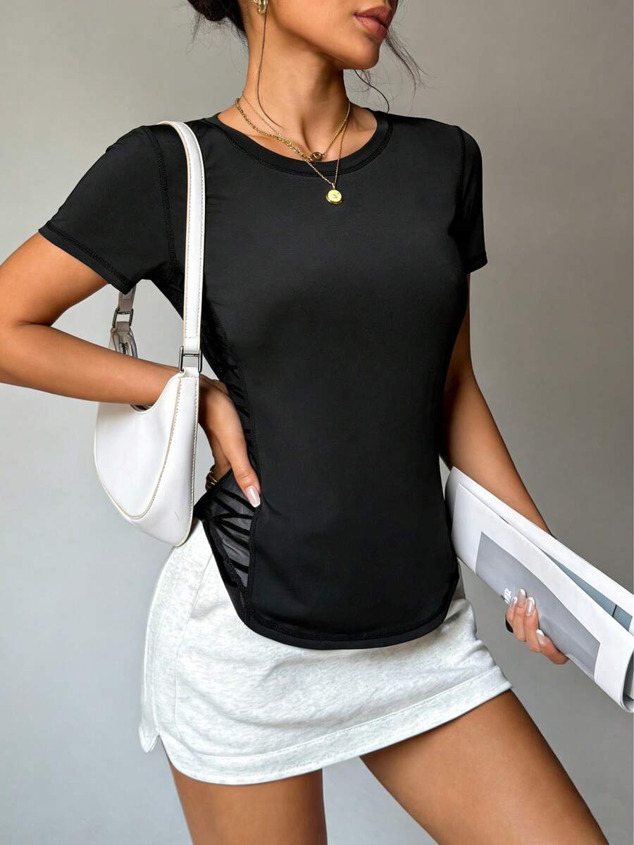Women's Short Sleeve T-Shirt, Mesh Patchwork Design, Breathable & Comfortable Fabric Sports - Black - View 1