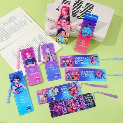  MINISO-Huntrix K-Pop Demon Hunter Temalı Kitap Ayracı, Sevimli Renkli Anime Karakterli Püsküllü Kitap Ayracı, Akrilik Okuma Sayfası İşaretleyici, Hayranlar, Öğrenciler ve Okuyucular İçin Uygundur