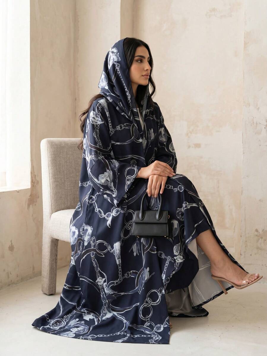 Bộ Abaya dài dáng rộng màu đen in họa tiết dây xích, kiểu dáng sang trọng cổ điển, ôm sát tôn dáng, thiết kế thanh lịch đa năng phù hợp mặc hàng ngày cho phụ nữ. - màu đen - Xem 1
