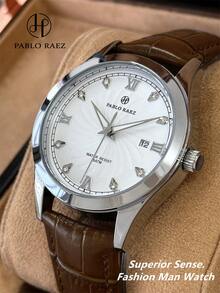 Reloj de marca de moda para hombres Pablo Raez 1 pieza caja de acero inoxidable reloj de pulsera original encantador atractivo para hombres lujo plateado negro cuero PU suave y cómodo reloj de cuarzo con dial de diseñador de diamantes con función de fecha resistente al agua 50m grado AAA alta calidad reloj de pulsera para hombres casual reloj novio/familia padre regalo exquisito adecuado para la vida diaria/trabajo/decoración de fiesta adecuado para graduación/boda/regalo de cumpleaños - Plateado - Ver 8