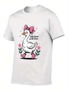 Camiseta Nueva de Primavera/Verano/Otoño 2026 - Camiseta casual de verano de manga corta y cuello redondo con estampado de pato lindo y lazo rosa (Silly Goose on Run) - Top negro lavable aáquina. - Blanco - Ver 5