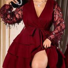 Cravure Plus Size Women's Elegant Deep V-Neck Party Dress, Black Sequin Mesh Tie Waist Slim Fit Long Lantern Sleeve Ruffle Hem Knee-Length Sexy Mini Dress, Suitable For Valentine's Day, Music Festival, Halloween, Christmas Party, Prom, Holiday, Date, Wedding - Burdeos - Ver 1