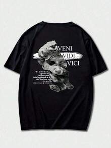 Camiseta de algodón de manga corta negra con estampado de retrato de escultura abstracta para hombres XAWS - Negro - Ver 4