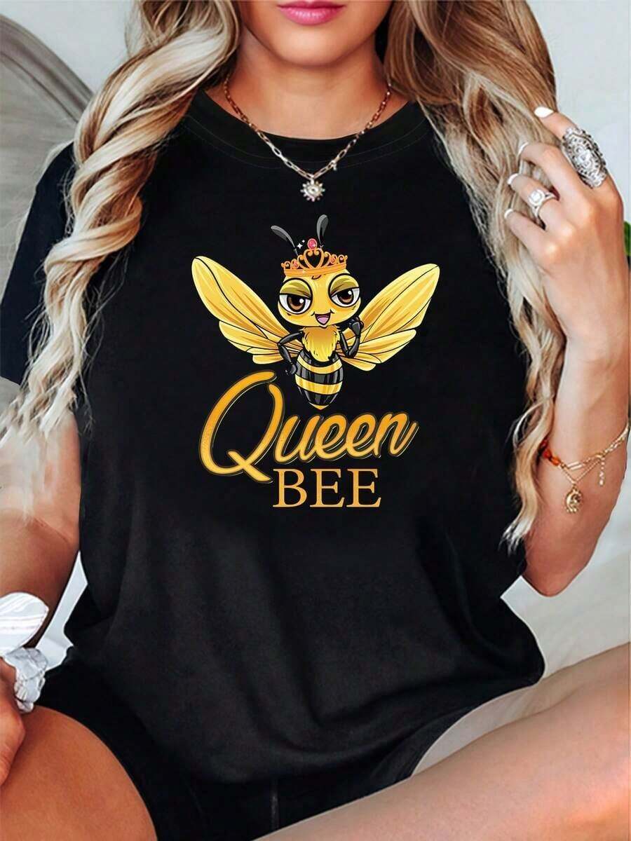 Camiseta con Estampado Divertido de la Reina Abeja, Manga Corta, Cuello Redondo, Estilo Casual para Verano y Primavera, Ropa de Mujer - Negro - Ver 1