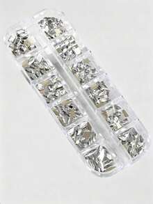 1 Box Nail Art Decorations, Flat Bottom Asymmetrical Shape Diamonds, Rhombus, Water Drop, Heart, Bow, Square Diamonds, 12-Grid Compartment, Super Shiny, Warm Fairy Rhinestones Nail Charms - Silver - View 2