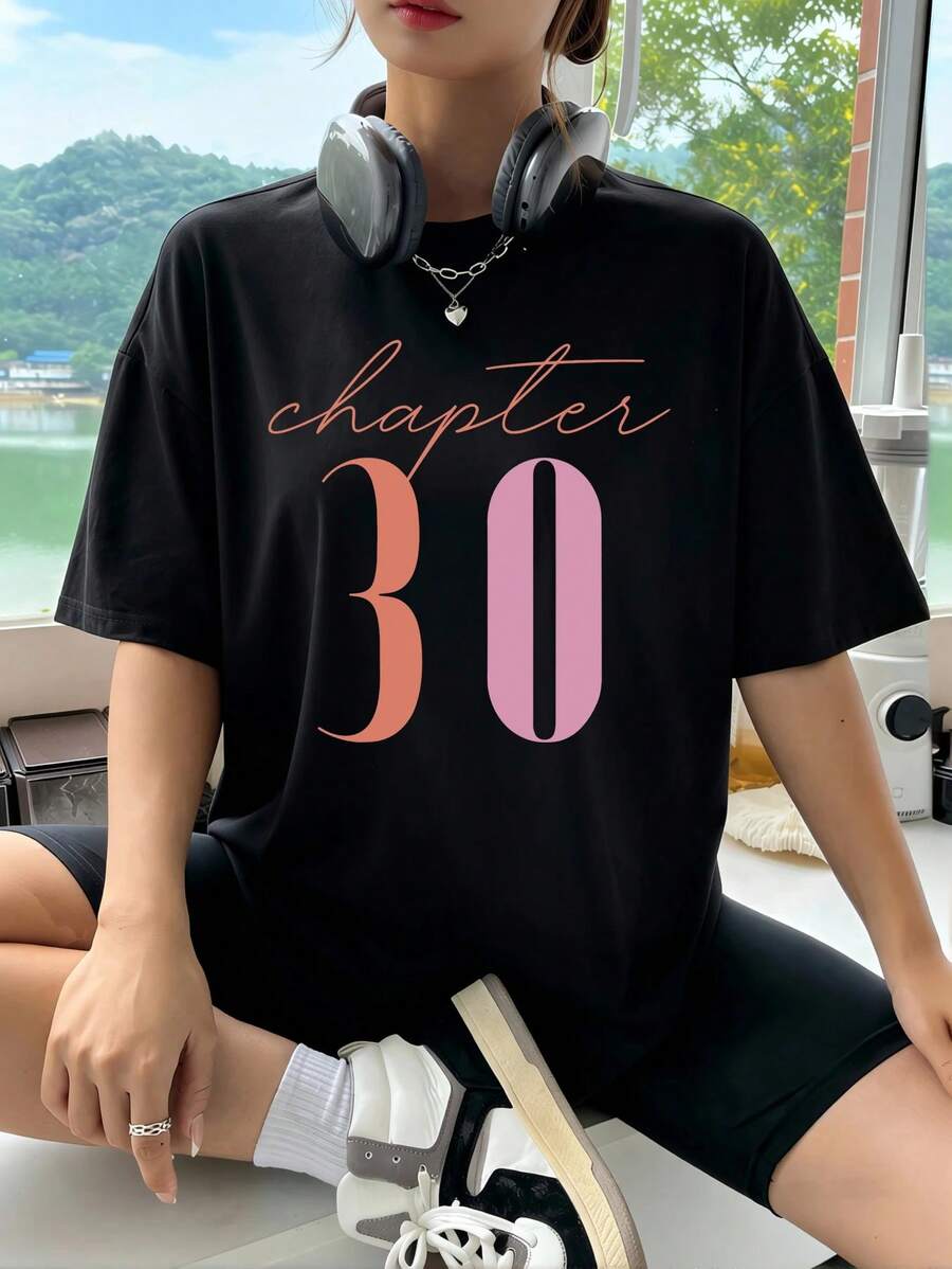 Women's Oversized T-Shirt With Letter Print, Round Neck, Short Sleeve, Hip Hop Y2K Casual Design, Ideal For Summer - Black - View 1