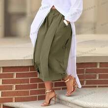 High Waist Pleated Wide Leg Culottes, Casual & Streetwear - Autumn Fragrance Yellow - View 4