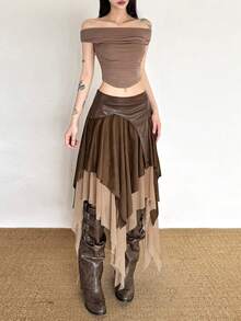 Top Dazzle Women's Boho Sexy Asymmetrical Layered Midi Skirt Elegant Polyester Tiered Design With Slight Stretch For Party Vacation Stage & Concert - Brown - View 3