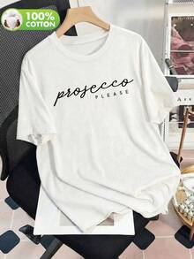 女款休閒Prosecco字母印花圓領短袖T恤，適合春、夏、秋季，白色 - 白色 - 查看 1