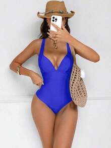 Traje de baño de una pieza con control de abdomen y push-up, con parches de color marrón, cordón de ajuste elegante y sexy, para fiestas y piscina - azul real - Ver 5