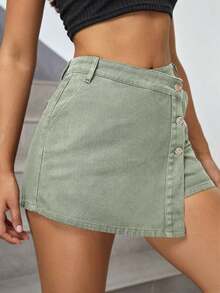 Envoltorio de falda pantalón denim con dobladillo asimétrico de unicolor - Caqui - Ver 2