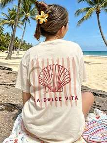 Camiseta de manga corta de cuello redondo casual con estampado de comida y sol, de moda minimalista de verano, versátil y elegante para mujer,Camisetas Gráficas de Verano para Mujer - Albaricoque - Ver 3