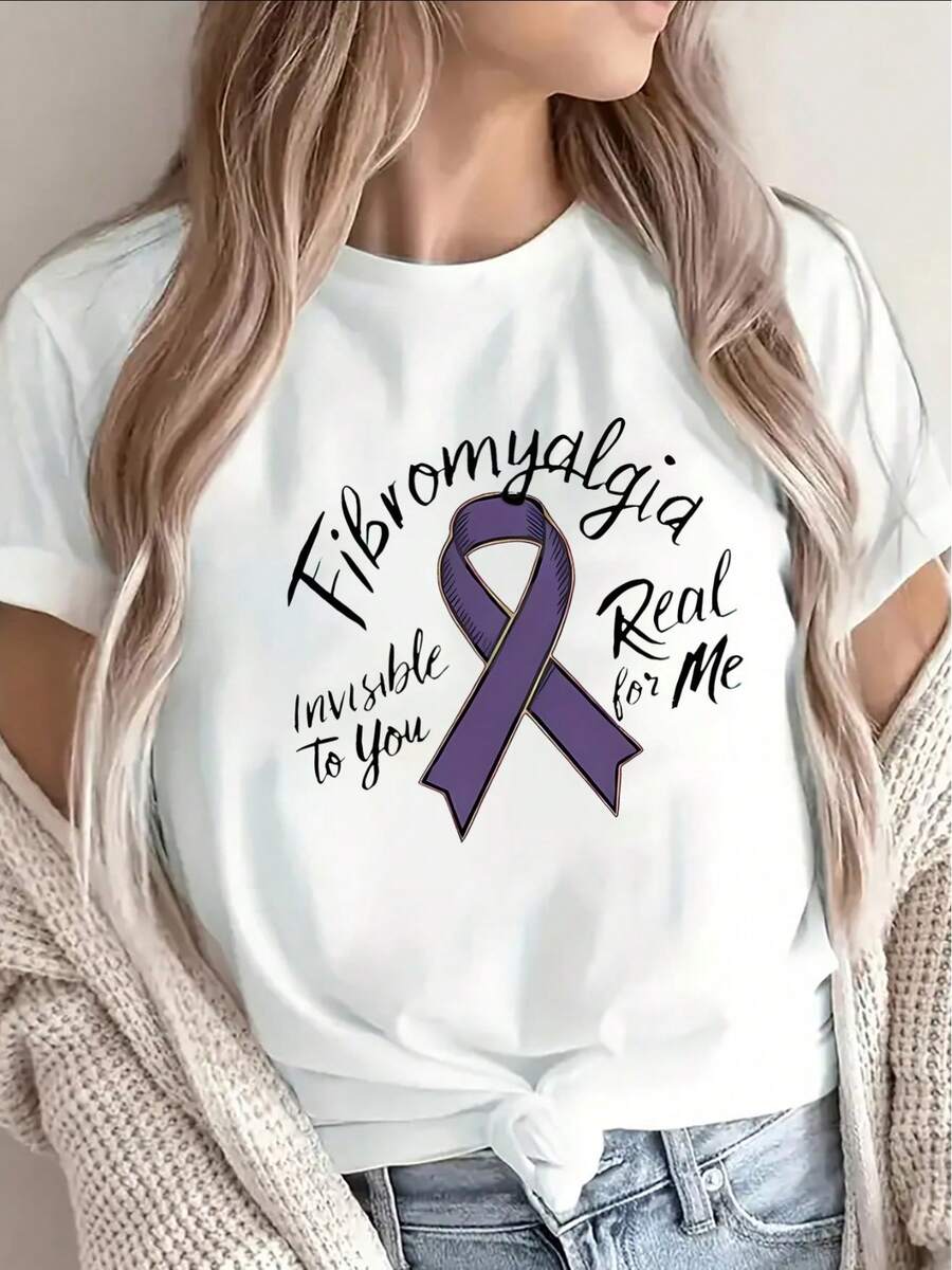 OversizeCamiseta ajustada de manga corta, promueve el alivio de la artritis, diseño cómodo y ligero, presenta un patrón de cinta morada, perfecta para el uso diario en casa o en la oficina, - Blanco - Ver 1