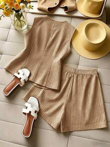 Conjunto de 2 piezas de mujer tejido a rayas de estilo elegante para el verano - Café integral 2 - Ver 2