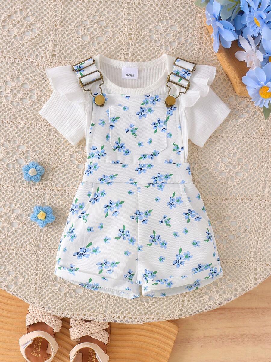 2pcs Baby Girl Cute Short Sleeve Ribbed Romper & Printed Overall Shorts Set, Thin Summer - Blue and White - View 1