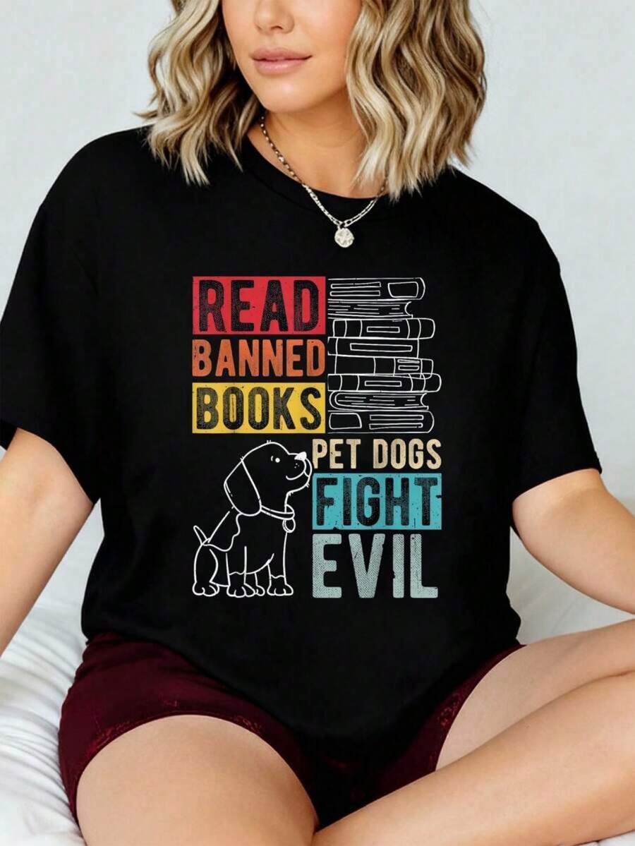 Camiseta de lectura de libros prohibidos PERROS DE ESTIMAPE LUCHAN EL MAL Camiseta de lectura 2026 Nueva camiseta impresa para mujeres, camiseta de otoño para mujeres, camiseta de invierno, camiseta de para mujeres CMIS - Negro - Ver 1