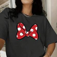 New Women's Summer T-Shirt With Bow Print, Round Neck And Short Sleeves, For European And American Cross-Border Foreign Trade. - 黑色 - 查看 10