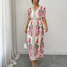 Women's Boho Hot Pink Floral Print A Line V Neck Puff Half Sleeve Midi Dress - Rosa Fucsia - Ver 8