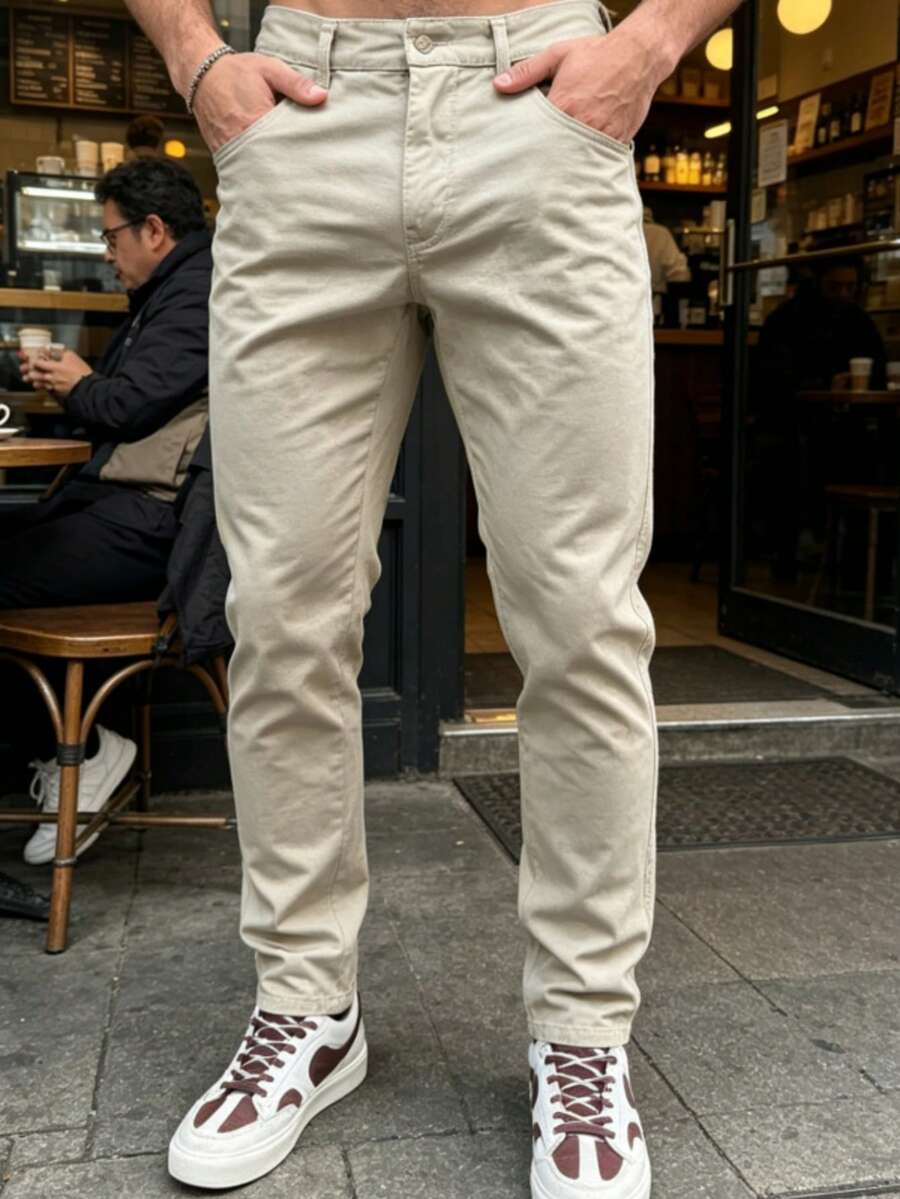 Modern And Stylish Minimalist Slim-Fit Casual Trousers In Solid Colors For Men. - Beige - View 1