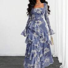 Women's Elegant Sexy Modern Luxurious Long Sleeve Y2K Romantic Ruffle Double Layer Printed Dress Vacation - Multicolor - Ver 3