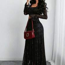 Women's Elegant French Romantic Sexy Square Neck Rose Lace Jacquard Vintage Double-Layer Ruffle Sleeve Asymmetrical Hem Dress, Suitable For Dates, Holidays And Daily Wear Spring - Negro - Ver 2
