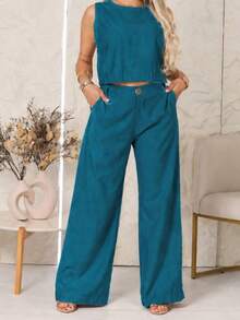 Women's Premium Tailored Casual Set: Wide-Leg Trousers With Pockets, Sleeveless Blouse. - 水鴨藍 - 查看 2