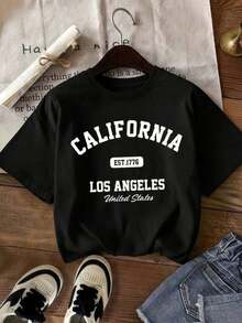 Camia playera T-shirt mujer cuello redondo manga corta estampado grafico nombres de ciudades CALIFORNIA Los Angele United States cuello redondo manga corta primavera verano uso diario Adecuado como regalo. playera de mujer. blusas>elegantes. boho chic,Camiseta para mujer, suave y transpirable: perfecta para vacaciones, viajes y ocasiones festivas, y adecuada para usar en múltiples estaciones. - Negro - Ver 1