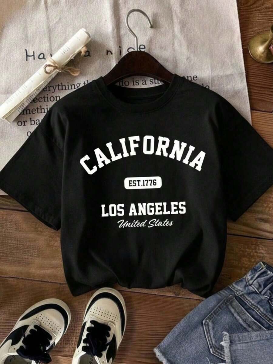 Camia playera T-shirt mujer cuello redondo manga corta estampado grafico nombres de ciudades CALIFORNIA Los Angele United States cuello redondo manga corta primavera verano uso diario Adecuado como regalo. playera de mujer. blusas>elegantes. boho chic,Camiseta para mujer, suave y transpirable: perfecta para vacaciones, viajes y ocasiones festivas, y adecuada para usar en múltiples estaciones. - Negro - Ver 1