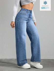 Women's Pocket Button Casual Versatile Daily Wear Wide Leg Jeans - Rojo - Ver 10