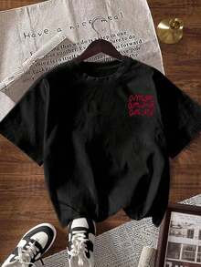 Diseño de doble cara en la parte delantera y trasera, sencillo y versátil, camiseta de algodón estampada de manga corta y cuello redondo, corte holgado e informal para mujer. - Negro - Ver 2