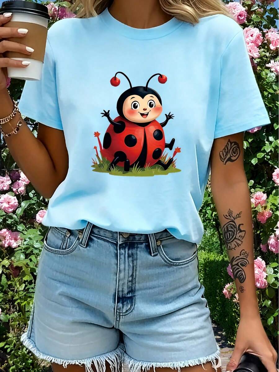 This Is A Printed T-Shirt With A Cartoon Ladybug Design, Adorned With Red Polka Dots And Black Details. The Fabric Is Soft And Breathable, Machine Washable, And Comfortable To Wear In All Seasons. - Blue Sky - View 1