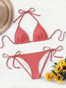 Women's Simple Solid Color Swim Bikini With A Halter Neck And Cutout, Suitable For Beach Vacations And Summer. - Old Rose - View 5