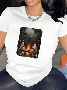 Camiseta de Manga Corta para Mujer con Diseño de Lobo y Luna en el Bosque, Hecha de Poliéster Duradero, Ligera y Cómoda, Ideal para Uso Casual en Casa o Actividades al Aire Libre - [Blanco] - Ver 1